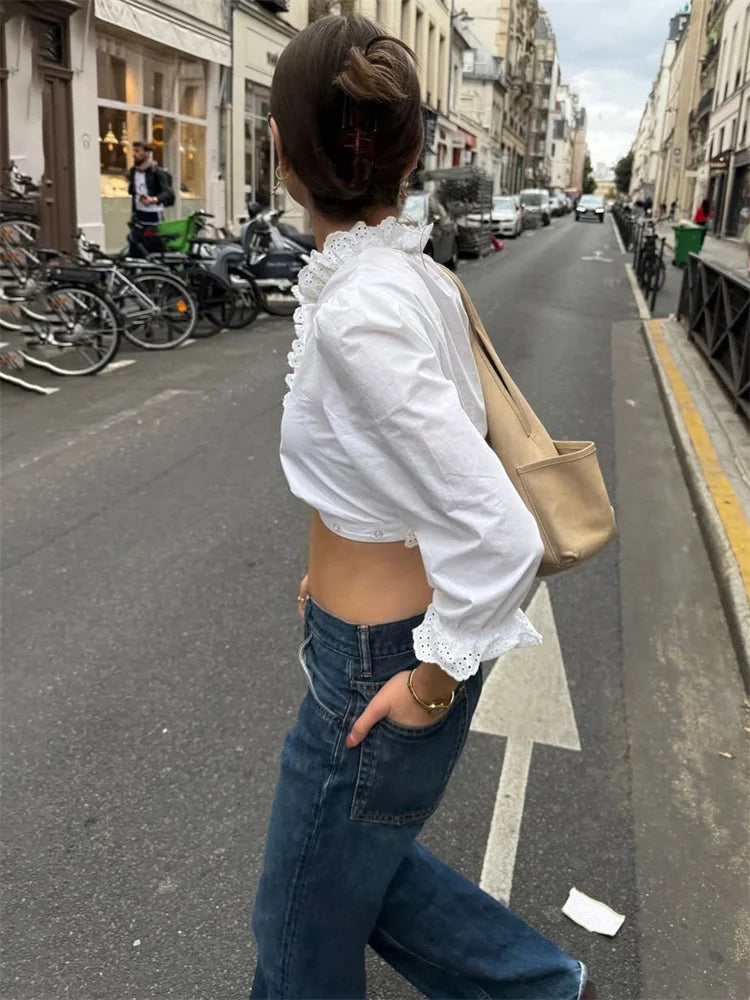 Tossy Lace Ruffled White Tops Vest For Women Long Sleeve Patchwork Sexy High Waist Cropped Cardigan Top Female Summer Tank Top