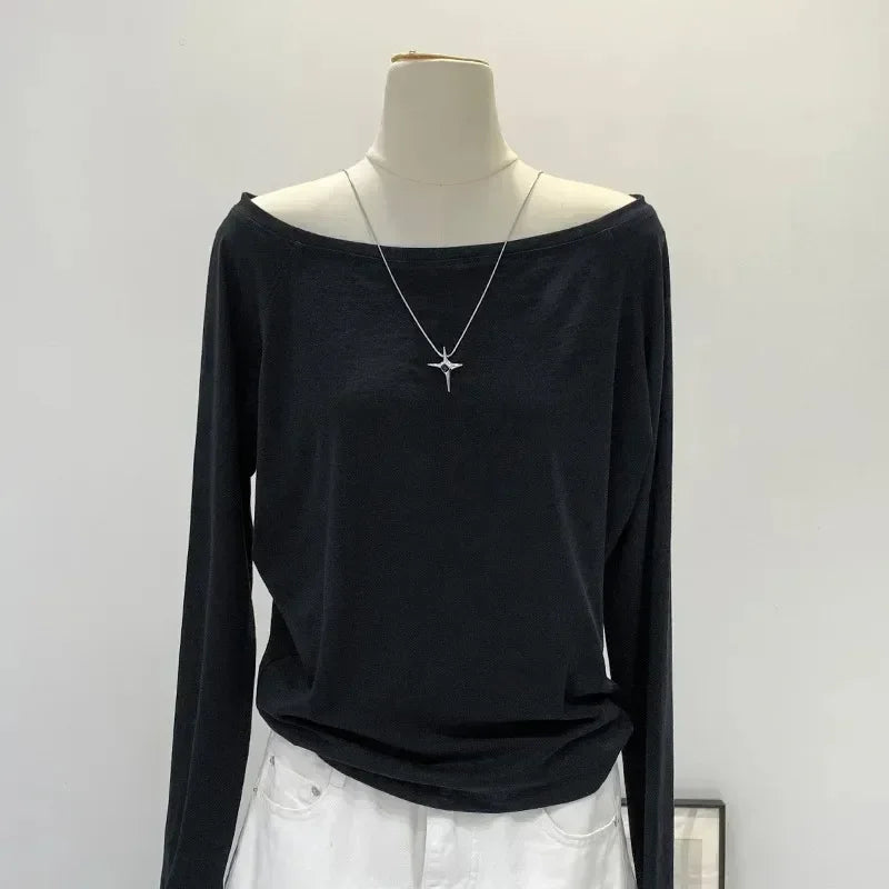Autumn Winter One Shoulder Cotton Long Sleeve Slant Shoulder Women's Clothing Style Interior Wide Truffle Shoulder Base Shirt