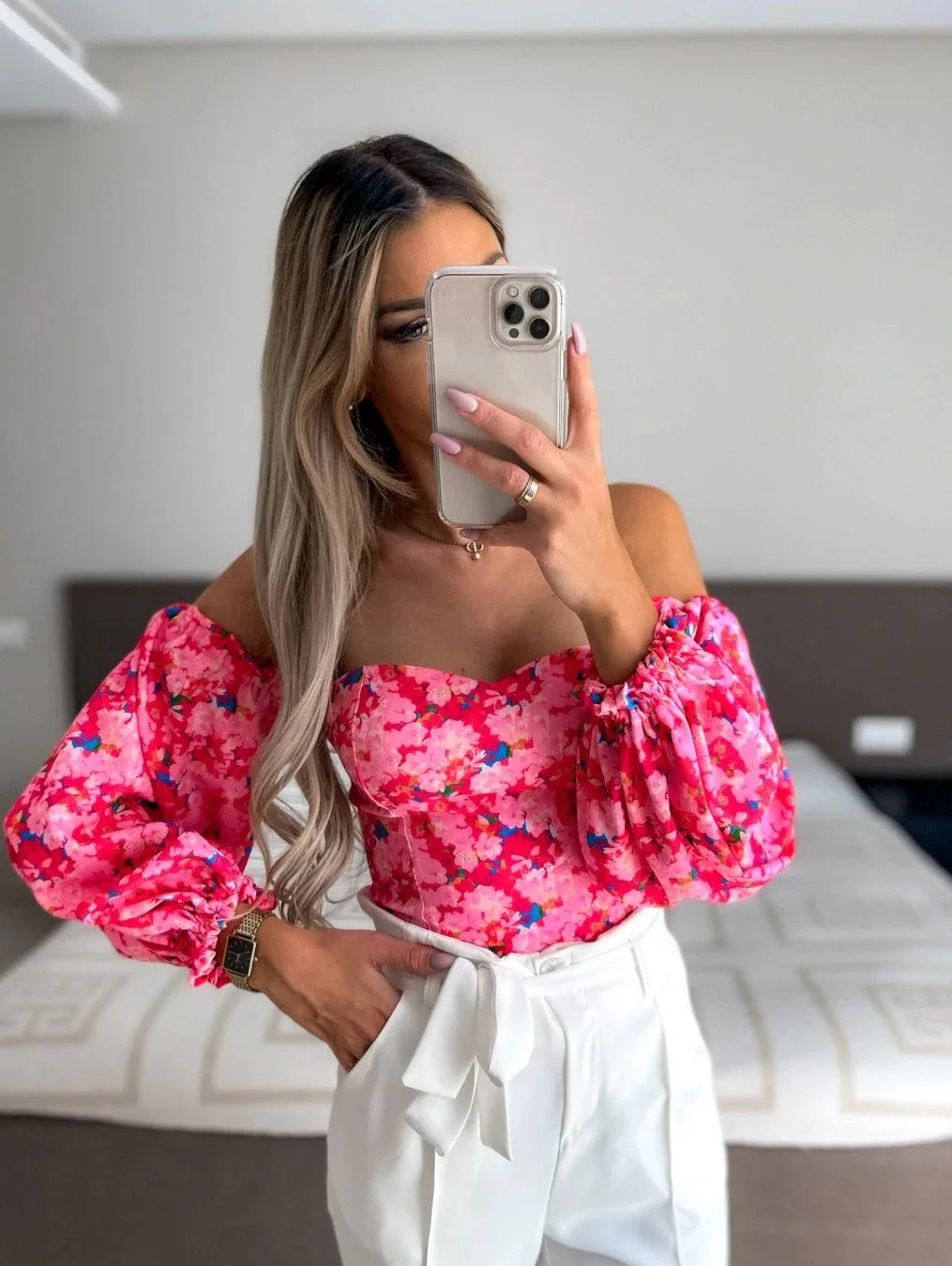 Women Off Shoulder Floral Print Blouse Long Puff Sleeve Crop Top