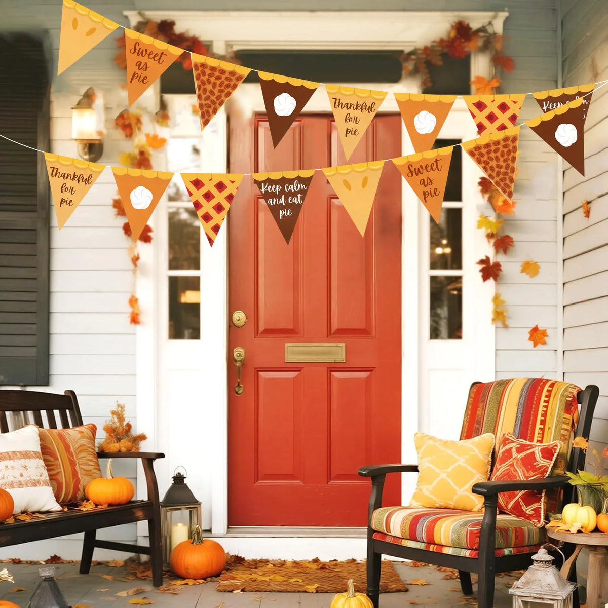 2026 Thanksgiving Fall Themed Pizz Pie Triangle Flag Decoration Autumn Harvest Halloween Pennant Party Fireplace Wall Home Decor