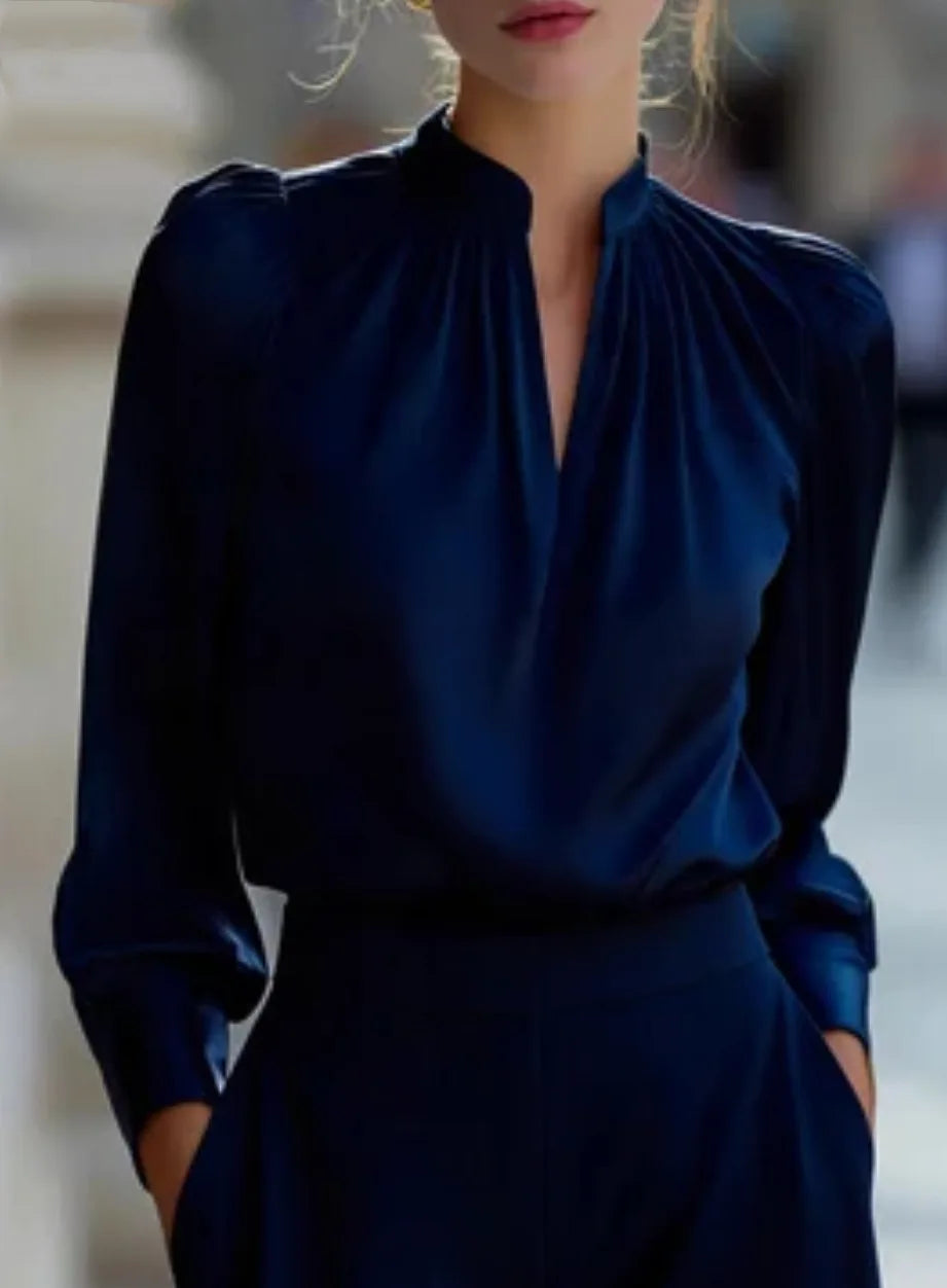 Women Stand Collar Long Sleeve Satin Blouse with Puff Sleeve Elegant Office Lady Top for Work Evening