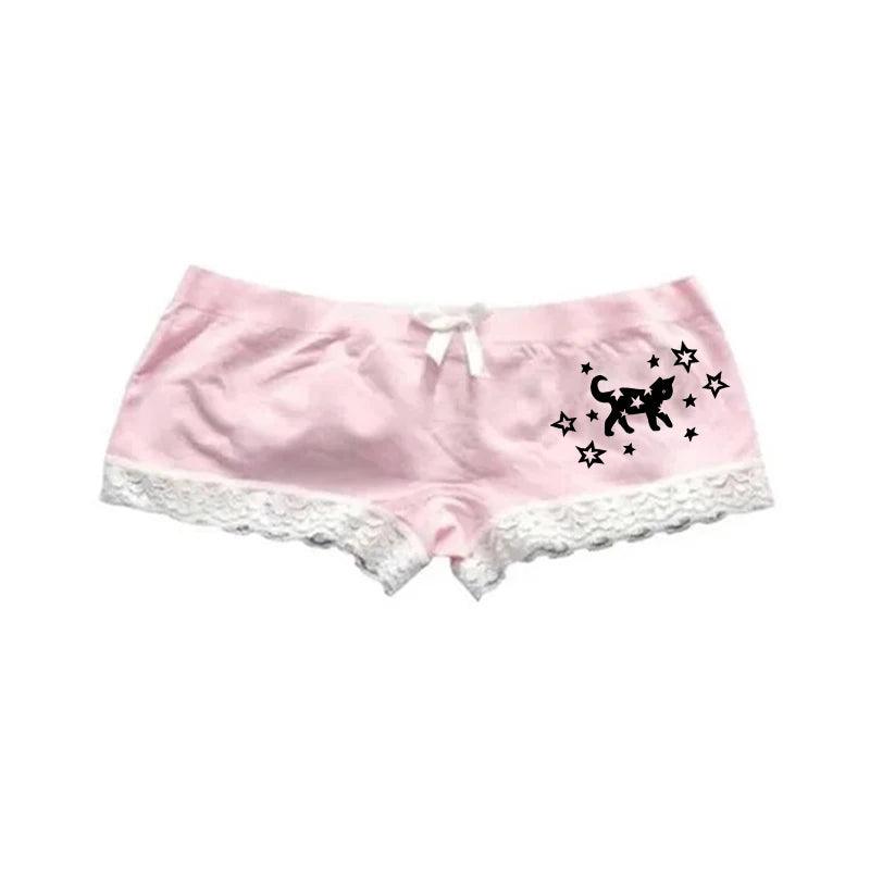 Cat Paw Print Shorts with Bow and Lace Trim