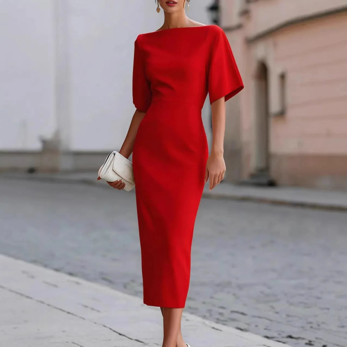 Boat Neck Batwing Half Sleeve Solid  Midi Pencil Dress Fitted Waist Simple Clean Cut Bodycon Mid Length Sheath Gown