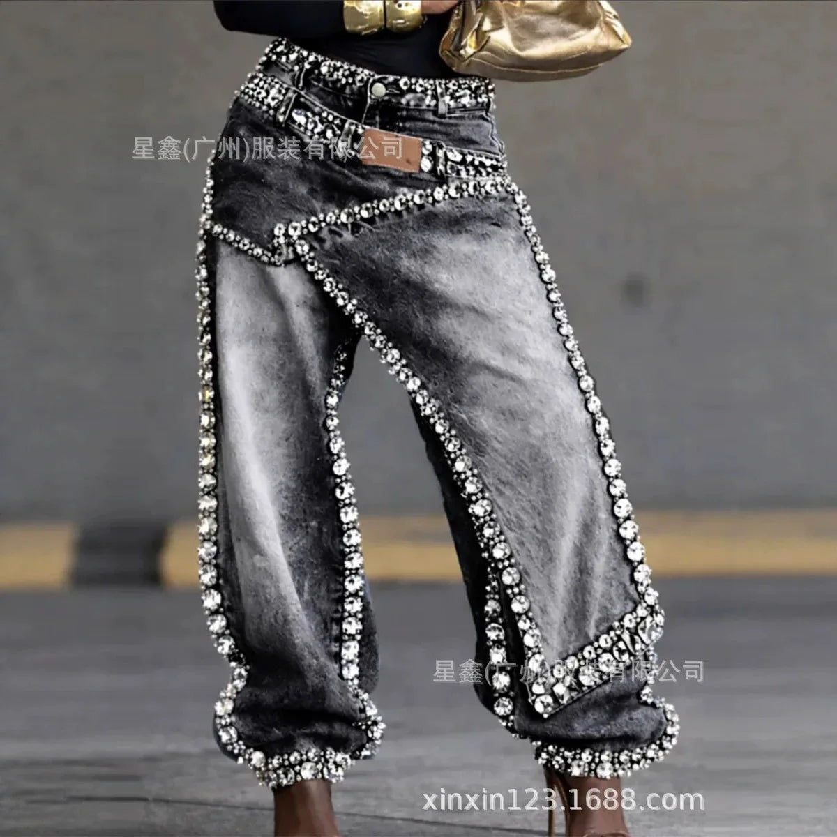 Women Wide Leg Pants Jeans Rhinestone Denims Distressed Washed Full Length Vintage Asymmetrical Trousers Y2k Streetwear 2026