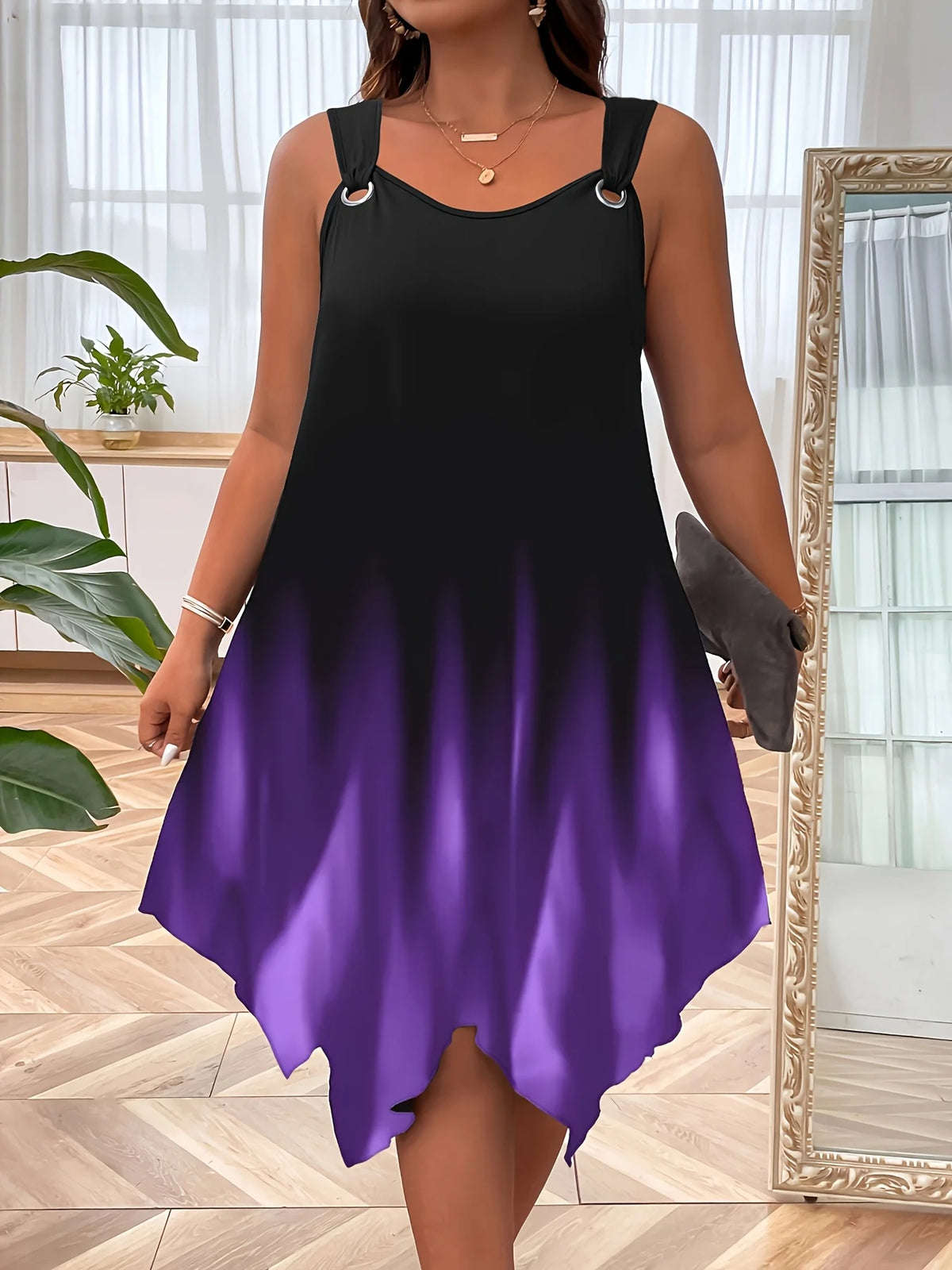 Plus Size Women's Sleeveless Gradient Dress with Asymmetrical Hem Perfect for Evening Elegance