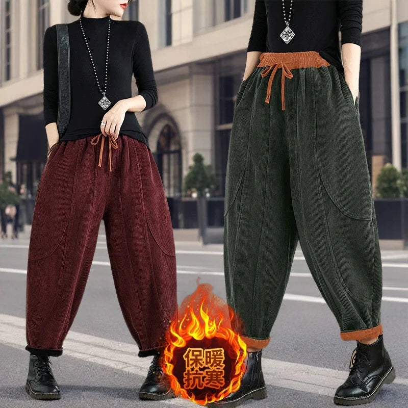 Corduroy Bloomers Women Loose Harlan New Elastic Waist Warm Retro Trousers Autumn Winter Fashion Big Pocket Wide-Leg Pants