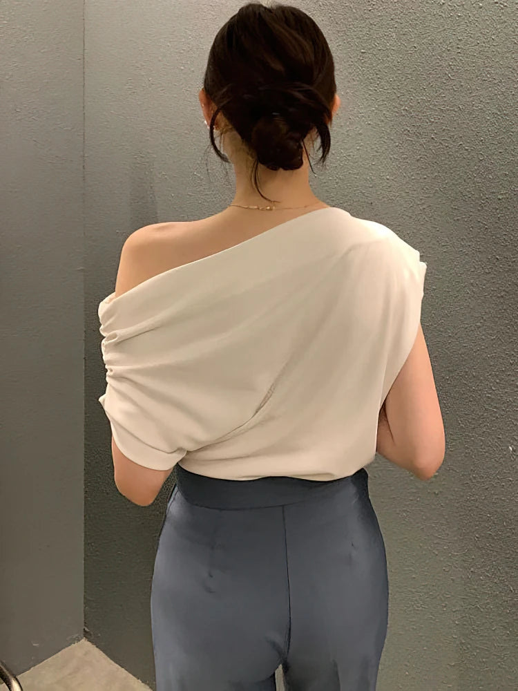 Korean Elegant Summer Off shoulder Top Women One shoulder Loose Casual Short sleeve T shirt Fashion Basic Blouse Lady Spring Sum
