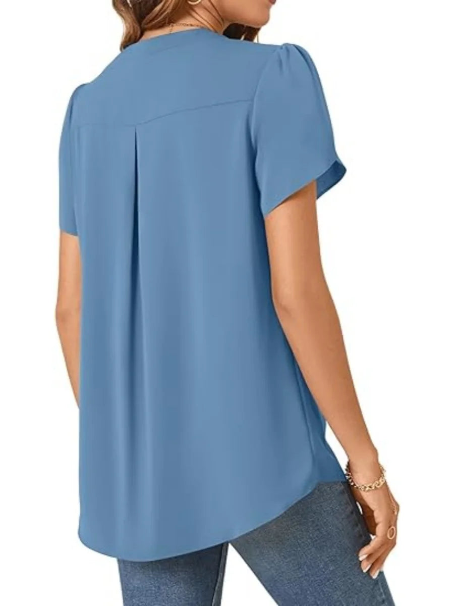 Women's Short Sleeve Chiffon Blouse V Neck Ruffle Sleeve Loose Fit Casual Top for Summer Office Wear