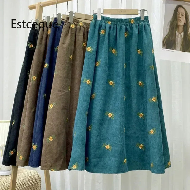 Corduroy Embroidery Women's Skirts Autumn Winter New Arrival Floral Skirts Female High Waist Slimming Mid-calf Skirt for Woman
