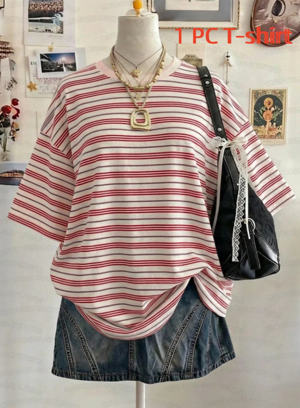 Summer Y2K Striped Print Casual Oversized Round Neck Drop Shoulder Women Short Sleeve T-shirt Street Casual Sports Top
