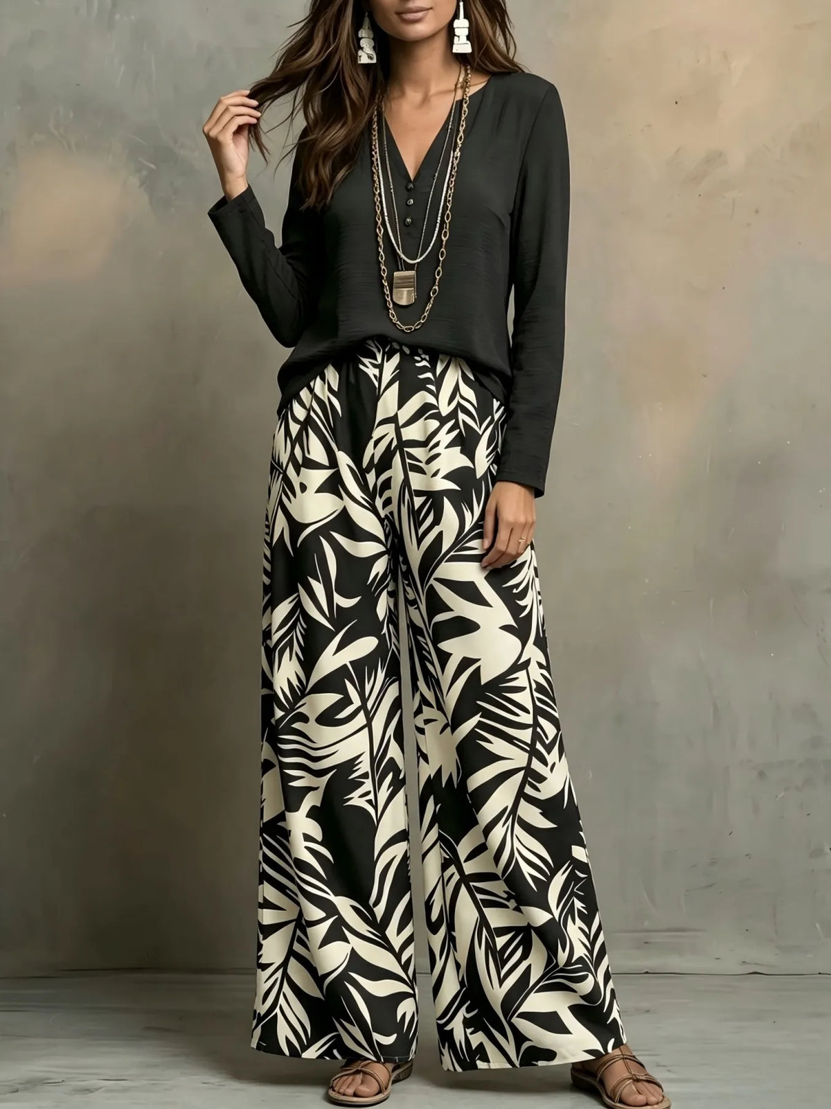 Women 2 Piece Outfit V‑Neck Long Sleeve Blouse Top Leaf Print Elastic Waist Wide Leg Pants Set Casual Loose Vacation Boho Loungewear Suit