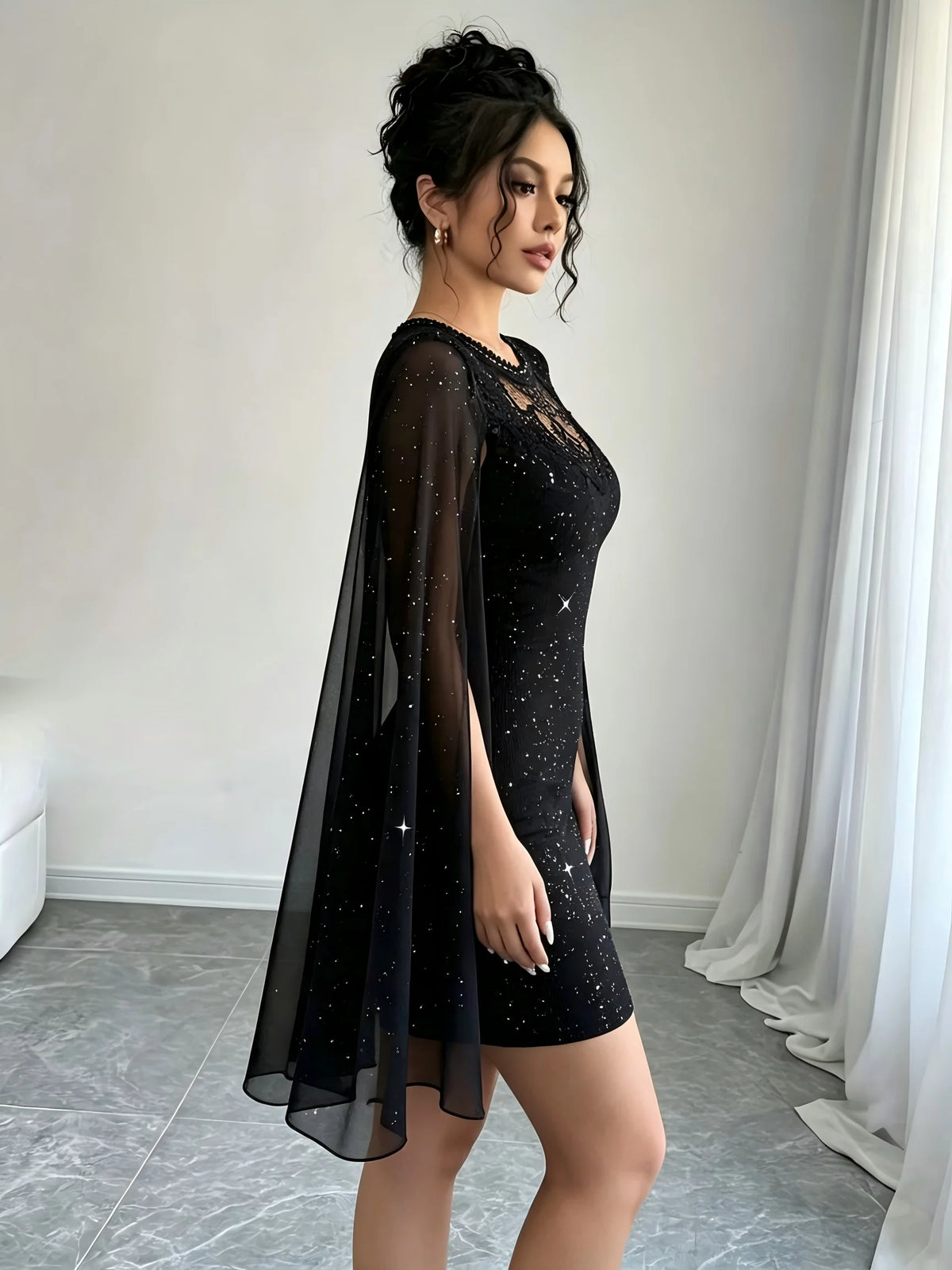 Women Black Glitter Bodycon Mini Dress Lace Crew Neck Sheer Cape Sleeve Slim Party Club Evening Cocktail Short Dress