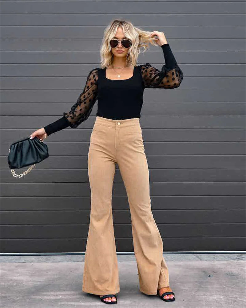 2023 Corduroy Casual Trousers Women Autumn Winter Solid High-waist Flare Pants Lady Slim Black Gray Khaki Orange Long Pants