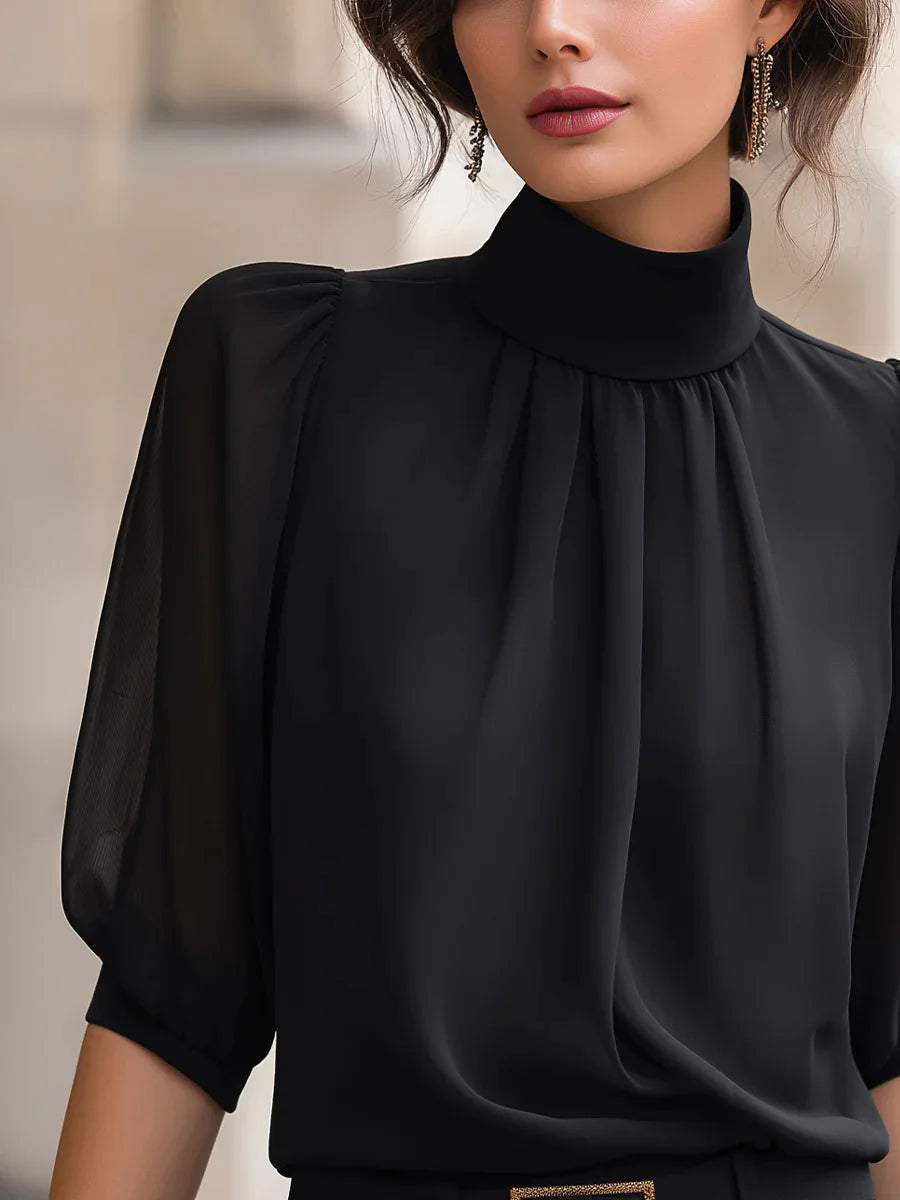 High Neck Puff Half Sleeve Chiffon Blouse Pleated Front Elegant Office Work Shirts Women Loose