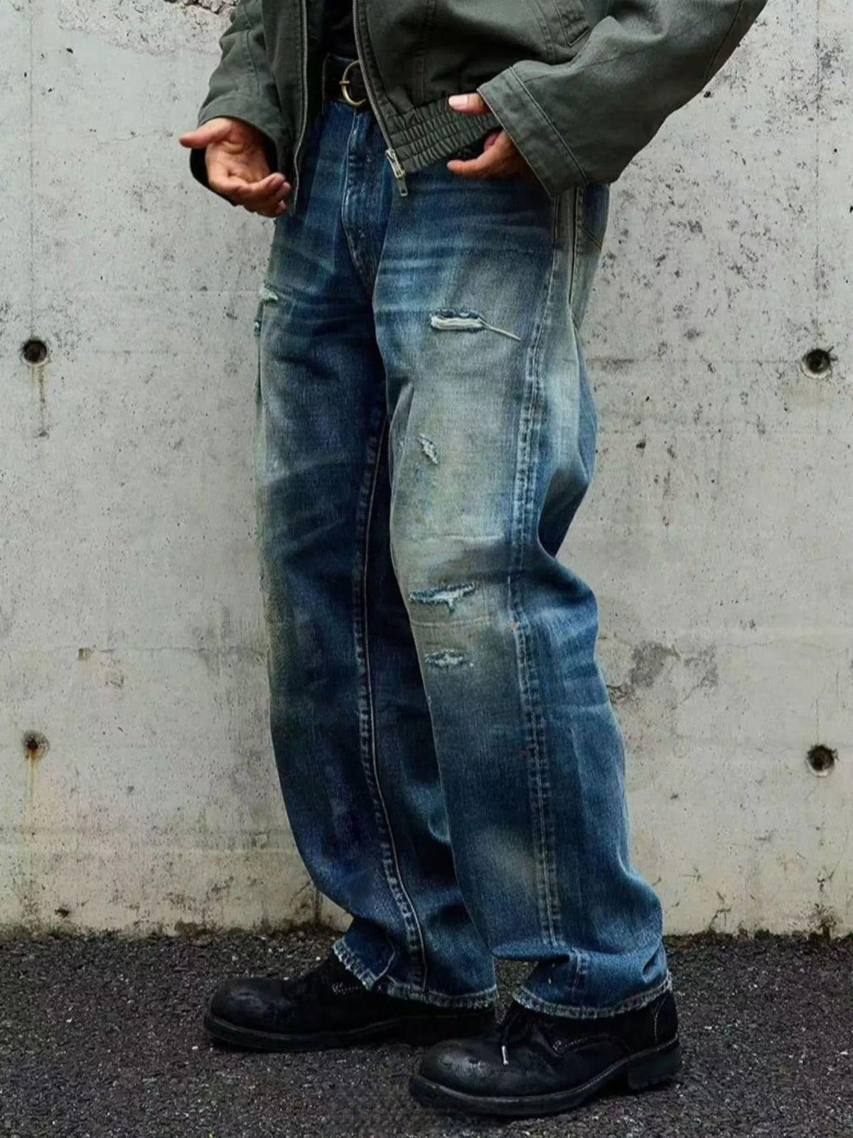 【HME】Men's jeans | Elastic Rear Waist Vintage Destroyed‑effect denim pants, retro cat‑whisker fade men denim trousers, multi‑position subtle frayed rip, roomy wide‑leg silhouette street men pants