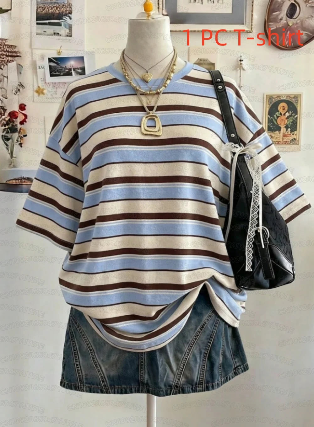 Summer Y2K Striped Print Casual Oversized Round Neck Drop Shoulder Women Short Sleeve T-shirt Street Casual Sports Top