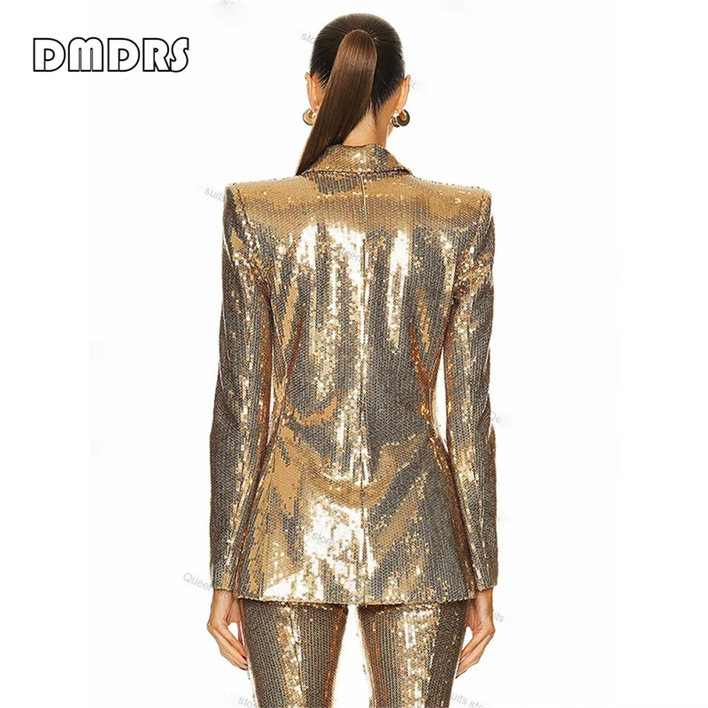 Suoer Slim Fitting Women's 2-Piece Party Suit Jacket Pants Set, S-XXL Night Prom Outfit Dazzling Sequined Suit Set for Women