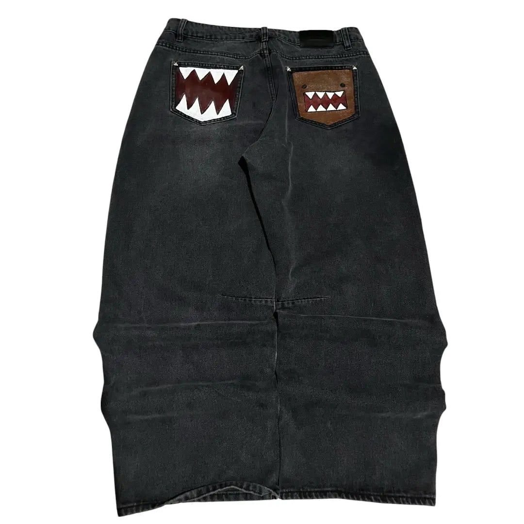 Washed Black Baggy Men Monster Tooth Embroidery Jeans Pocket Wide Leg Denim Pants Y2k Streetwear Hip Hop Loose Trousers Unisex
