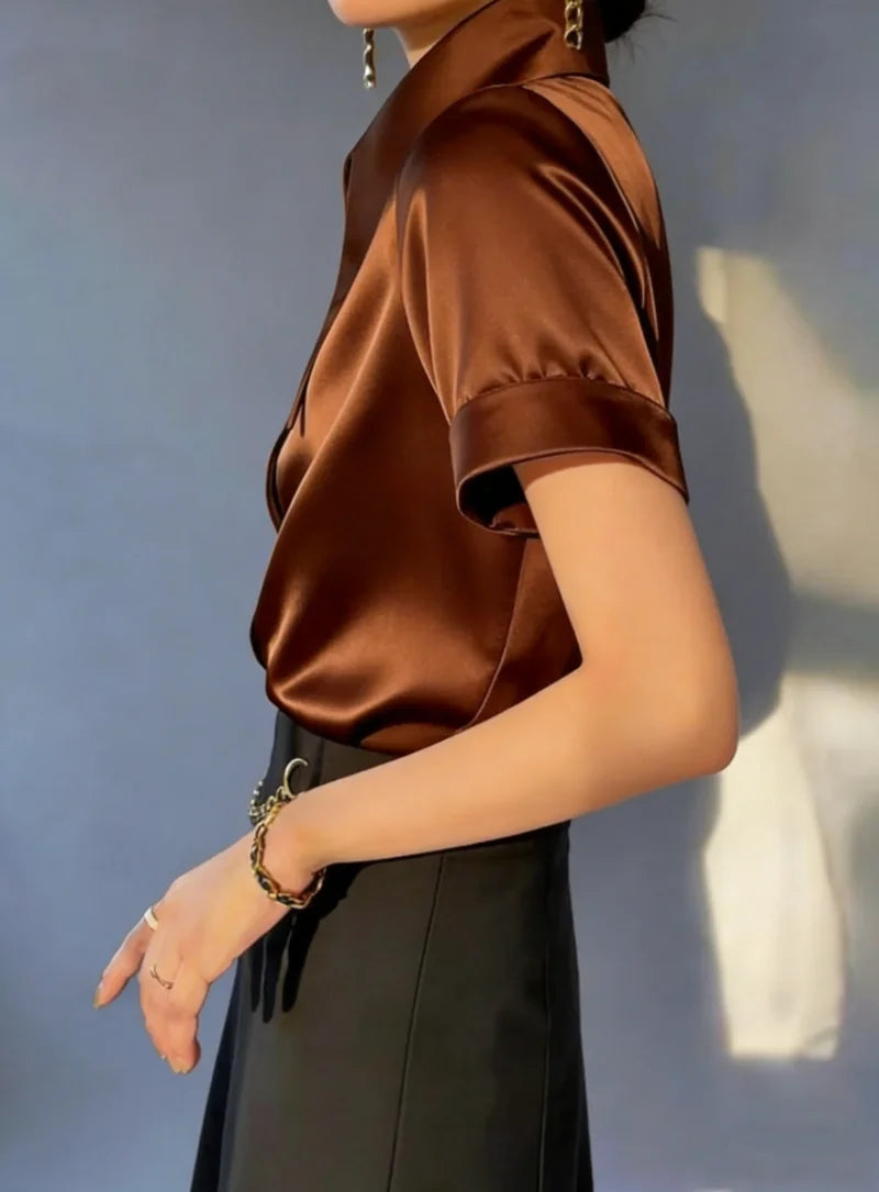 Women Satin Blouse with Oversized Pointed Collar Short Sleeve Elegant Button Down Shirt for Office and Formal Occasions