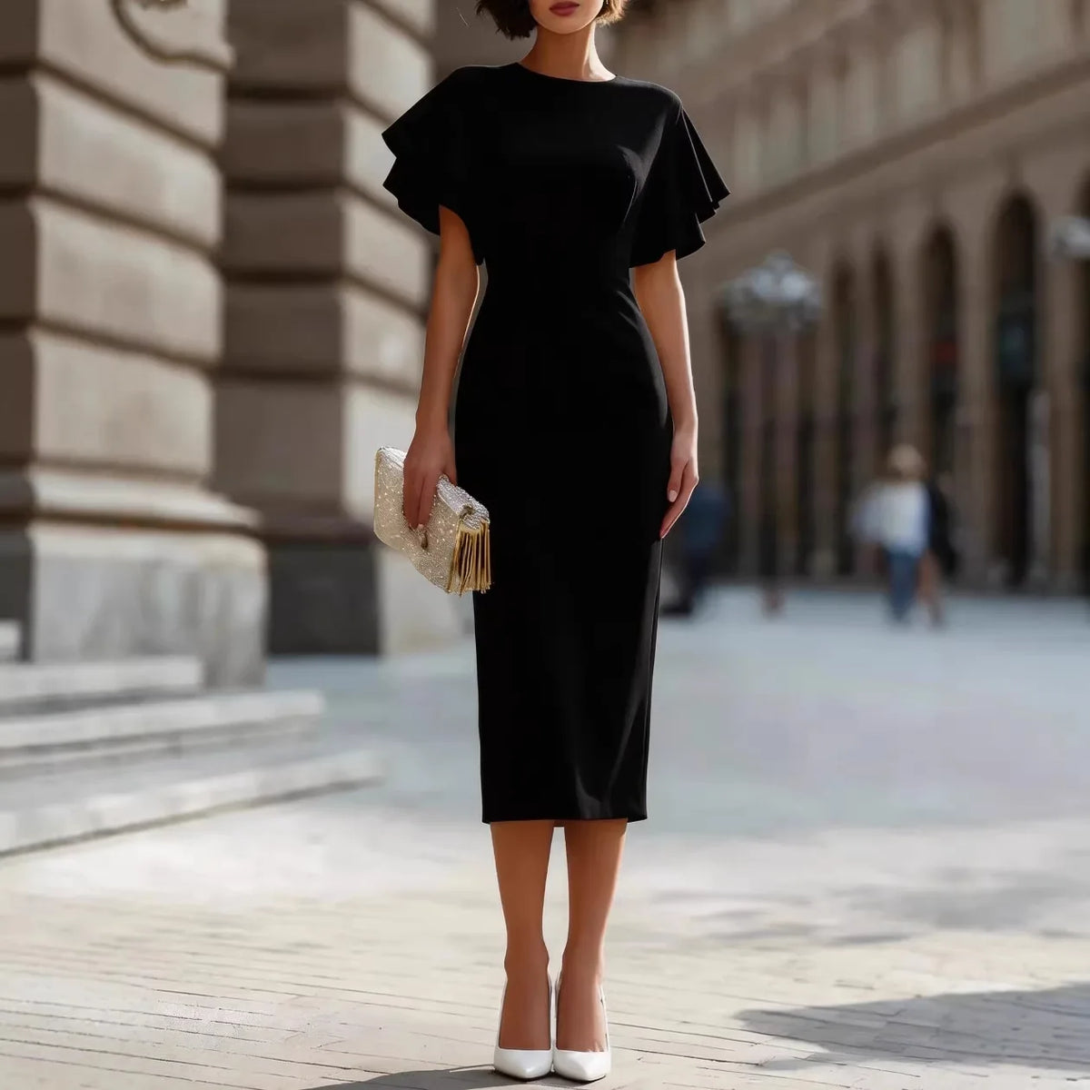 Elegant Ruffle Sleeve Midi Dress Women Slim Fit Bodycon Party Wedding Guest Formal Evening Gown