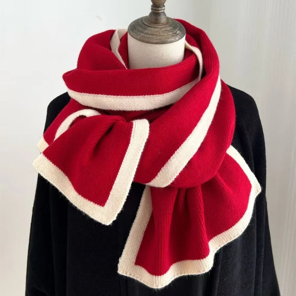 Solid Color Winter Knit Scarf Warm Soft Material Casual Style Neck Warmer Double-Sided Design Contrast Edge Double-Sided Scarf