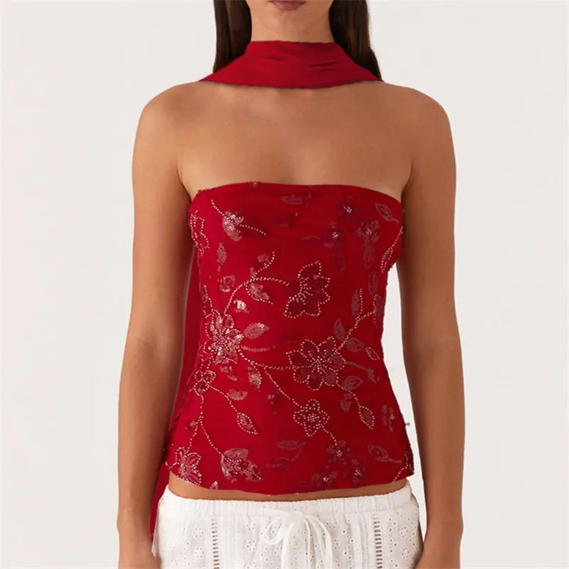 hirigin Women Y2K Sequin Tube Top with Scarf Sexy Backless Pearl Embellished Beaded Cami Bling Glitter Rhinestone Camisole