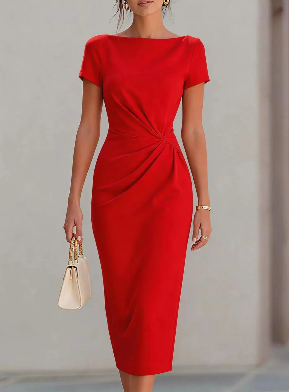 Women Boat Neck Short Sleeve Waist Twist Ruched Bodycon Midi Dress Elegant Solid Office Commuter Pencil Dress