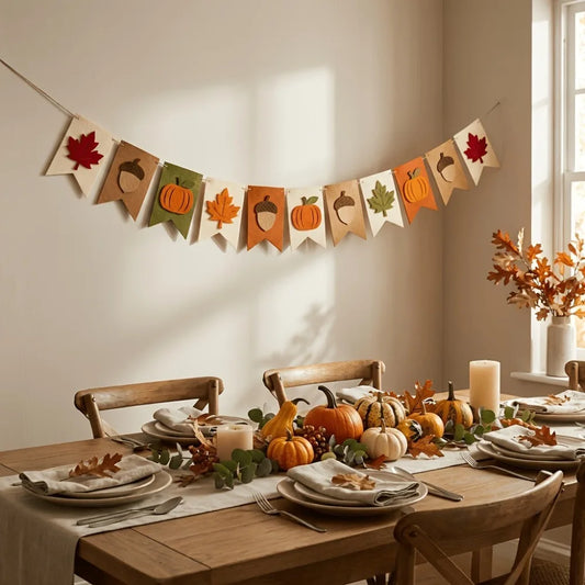 Fall Felt Banner Garland, Maple Leaf Pumpkin Acorn Bunting Flag, Thanksgiving Harvest Party Home Wall Hanging Decoration