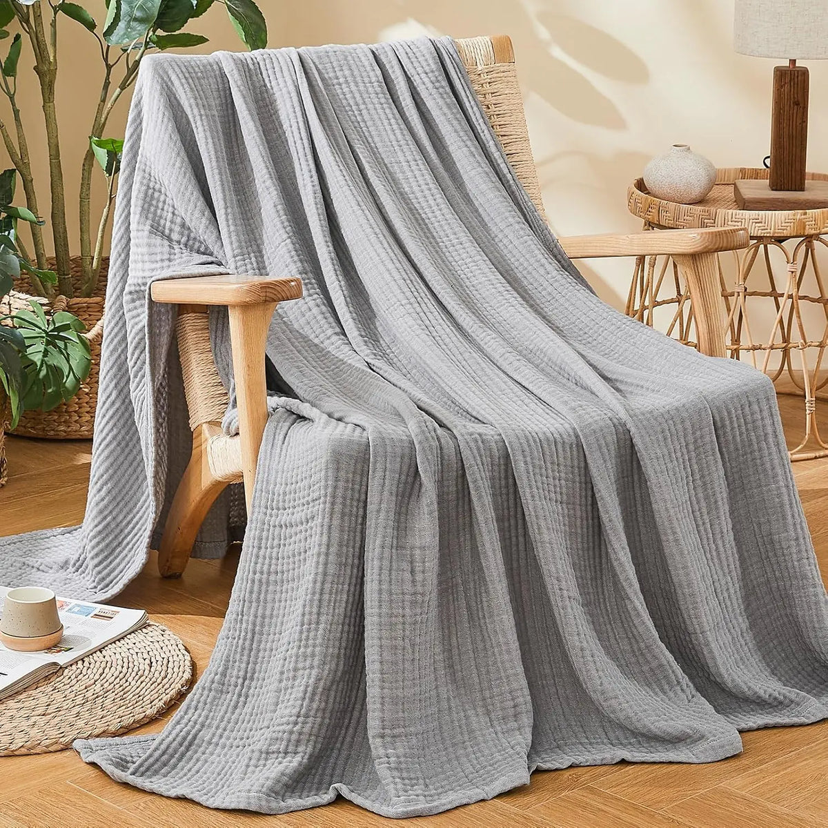 100% Cotton Muslin Blanket,6-Layer Lightweight Blanket for Bed,Pre-Washed Breathable Gauze for Bed Layering,All Season Comfort