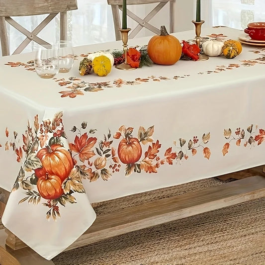 1pc Tablecloth, Thanksgiving Tablecloth - Harvest Pumpkin Field and Fallen Leaves Border.PMJ