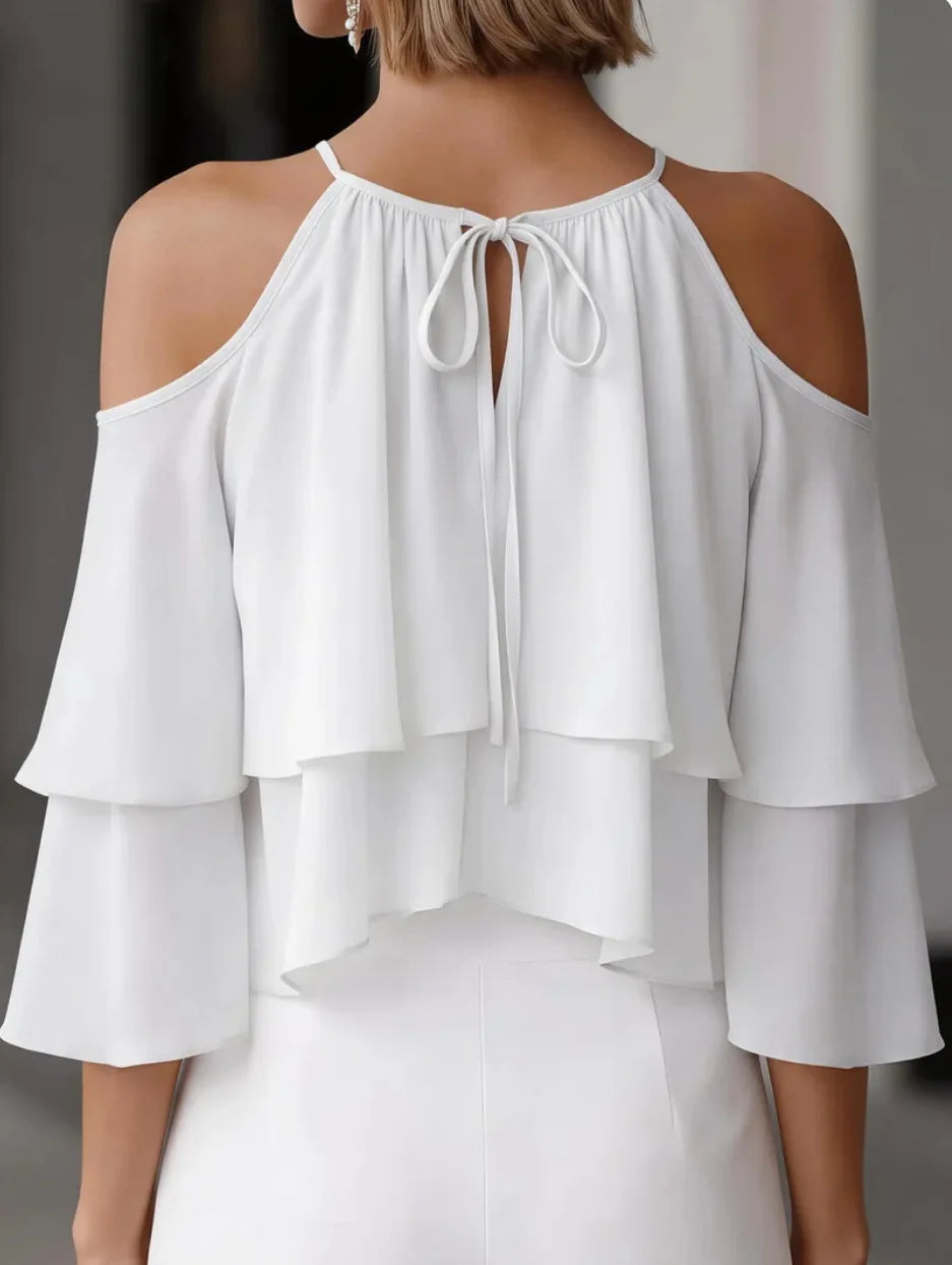 Women Cold Shoulder Halter Blouse Ruffle Layered Chiffon Tops Casual Party Shirts