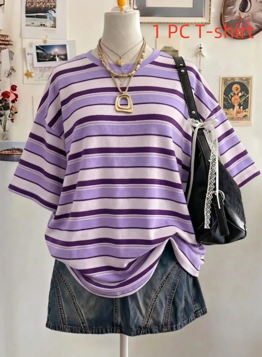 Summer Y2K Striped Print Casual Oversized Round Neck Drop Shoulder Women Short Sleeve T-shirt Street Casual Sports Top