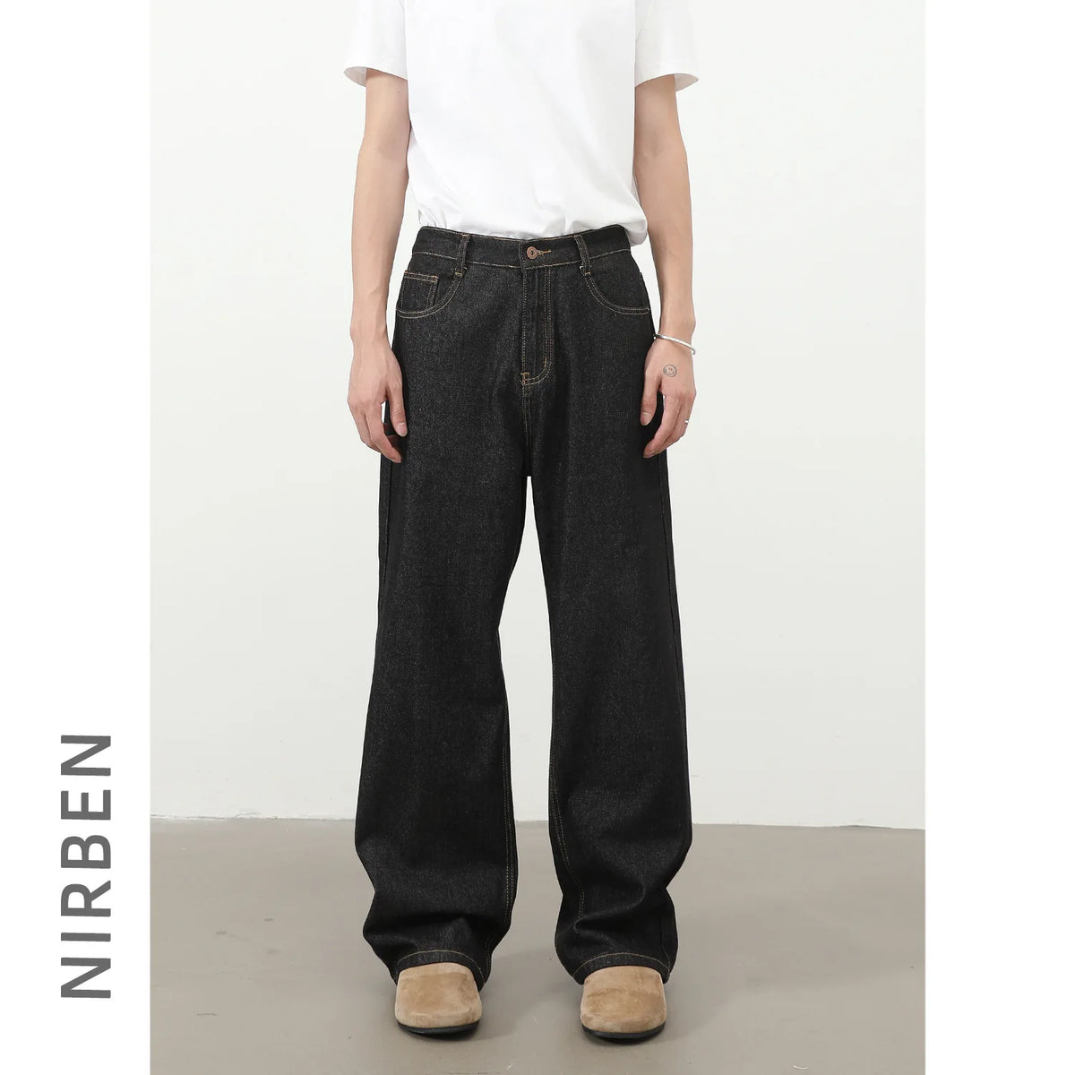Semi-elastic Waist Loose Straight Primary Color Denim Trousers