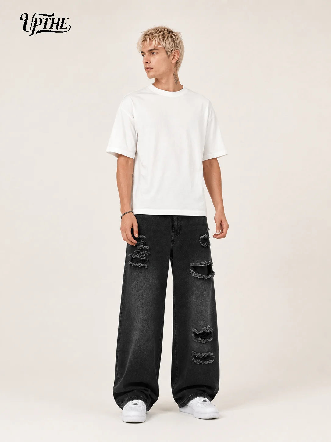 Men's Baggy Wide Leg Ripped Jeans, Y2K Distressed Jacquard Denim Pants, Loose Fit Hip Hop Streetwear Casual Denim Trousers for Men