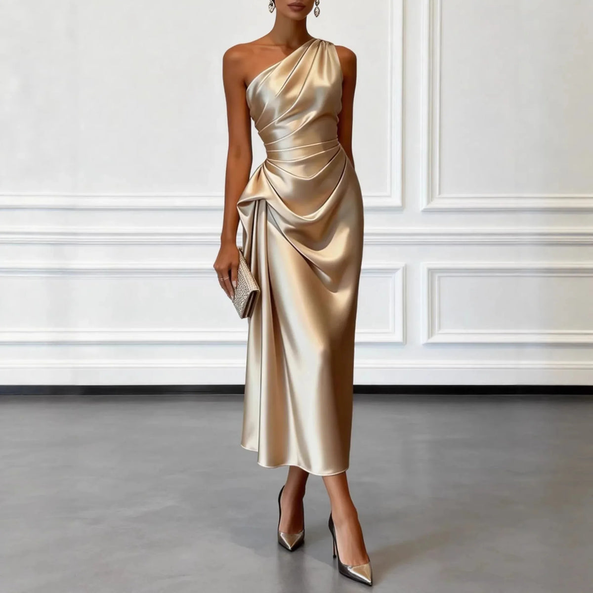 One Shoulder Asymmetrical Neck Satin Midi Dress All Over Side Ruched Draped Detail
