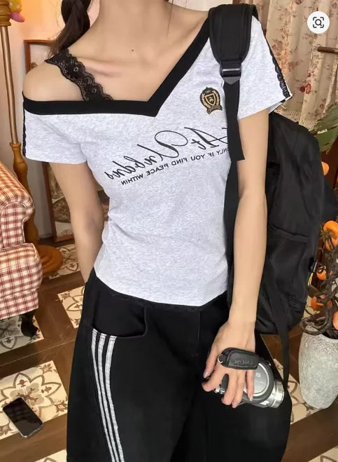 White-Gray Lace Sport Sexy Summer Off shoulder Top Women Y2k V neck Short sleeve T shirt Fashion Korean Lady Basic Tees 2025 New