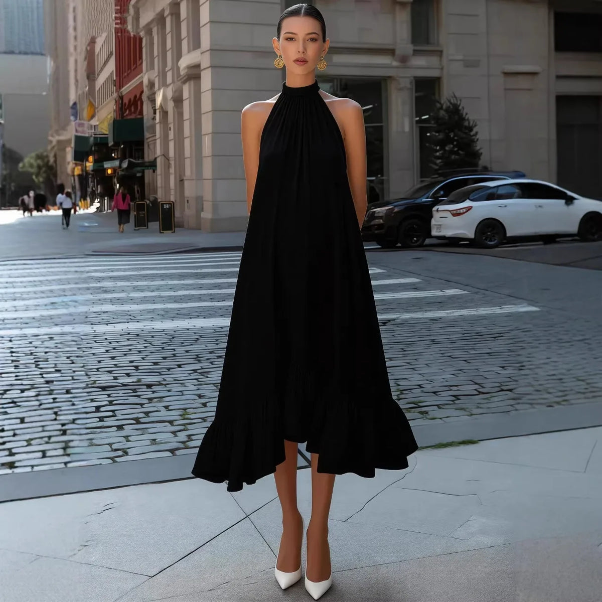 Trendy Black Backless Halter Neck A-Line Dress Autumn Winter Party Club Wear Fashion Top