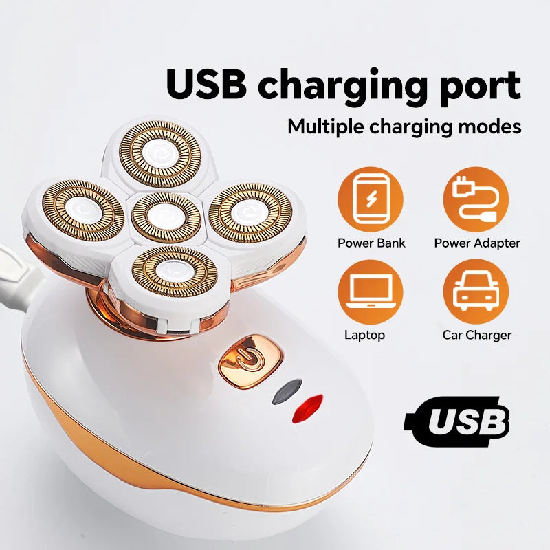 USB Electric Shaver with 5 Rotating Blades, Can Also Be Used as a Bald Head Machine Tool