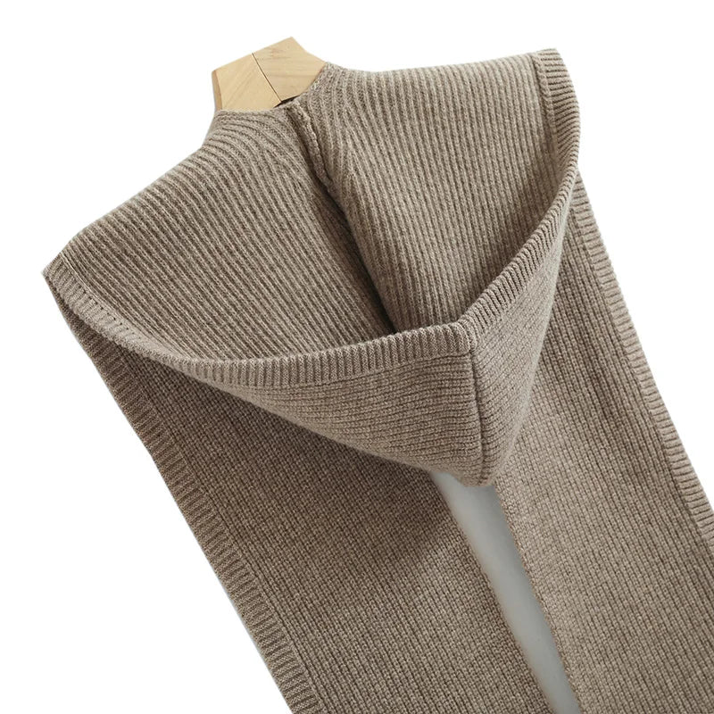 100%Wool Knitted Scarf Shawl For Women Winter Soft Warm Fashion Hooded Fake Collar Solid Multifunctional Neck Warmer Scarves
