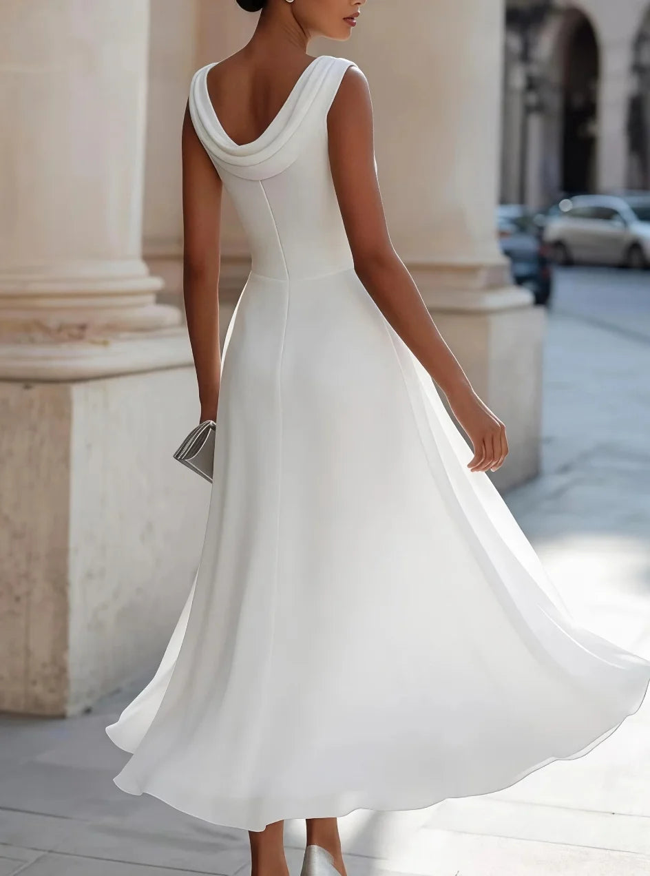Women's Sleeveless Cowl Neck A Line Chiffon Midi Dress for Cocktail Party and Wedding Guest