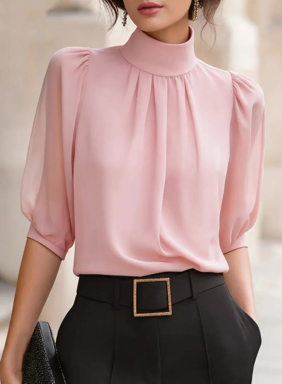 High Neck Puff Half Sleeve Chiffon Blouse Pleated Front Elegant Office Work Shirts Women Loose