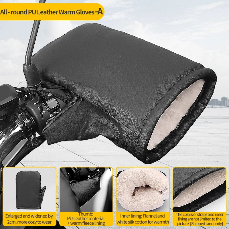 2PCS Winter Electric Bike Gloves - Warm Thickened Handle Covers, Rainproof & Windproof Motorcycle PU Leather Hand Protective Glo