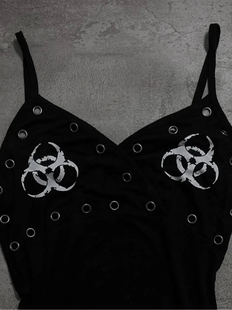 American Retro Dark Fashion Perforated Tank Top Harajuku Aesthetics Gothic Top Summer Y2K Streetwear Women's Slim versatile Vest