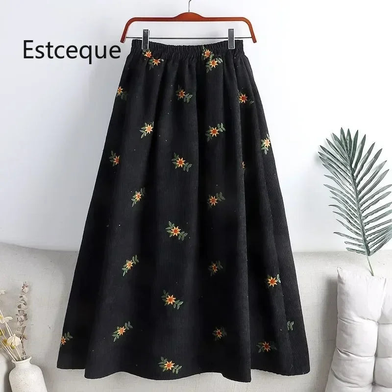 Corduroy Embroidery Women's Skirts Autumn Winter New Arrival Floral Skirts Female High Waist Slimming Mid-calf Skirt for Woman