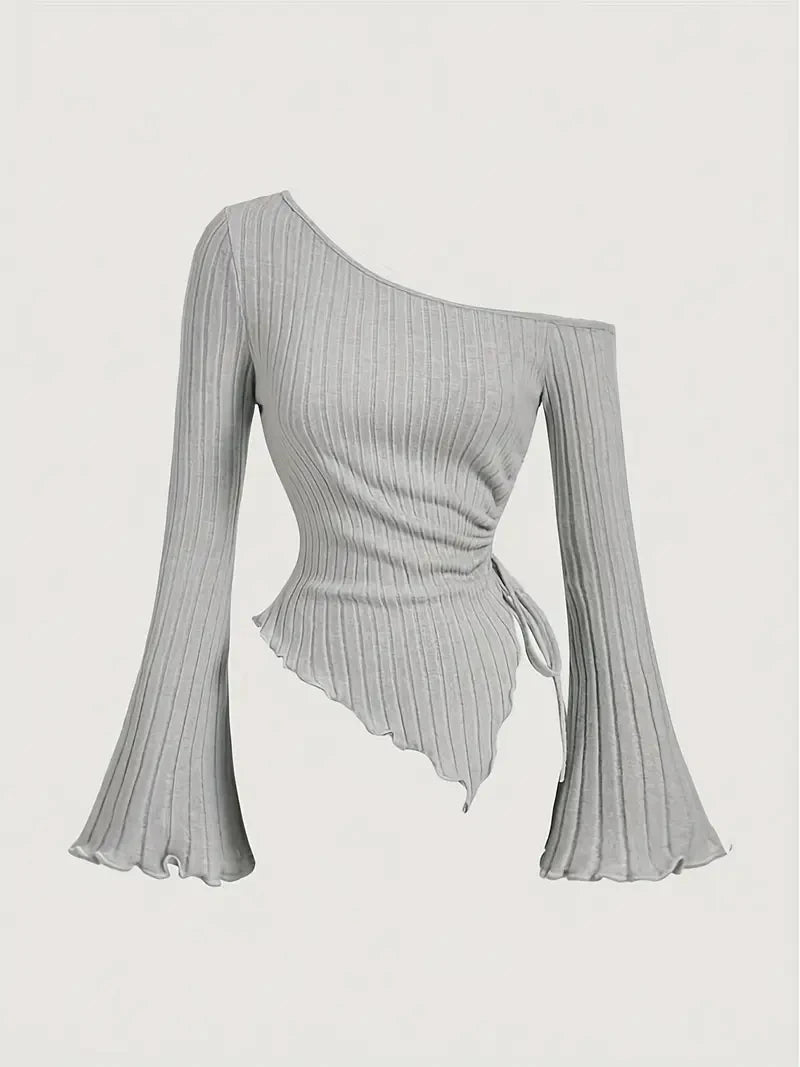 Women's Off-Shoulder Cross Long-Sleeved Slim Fit T-Shirt Asymmetrical Street Style Casual Elegant Top with Trumpet Sleeves