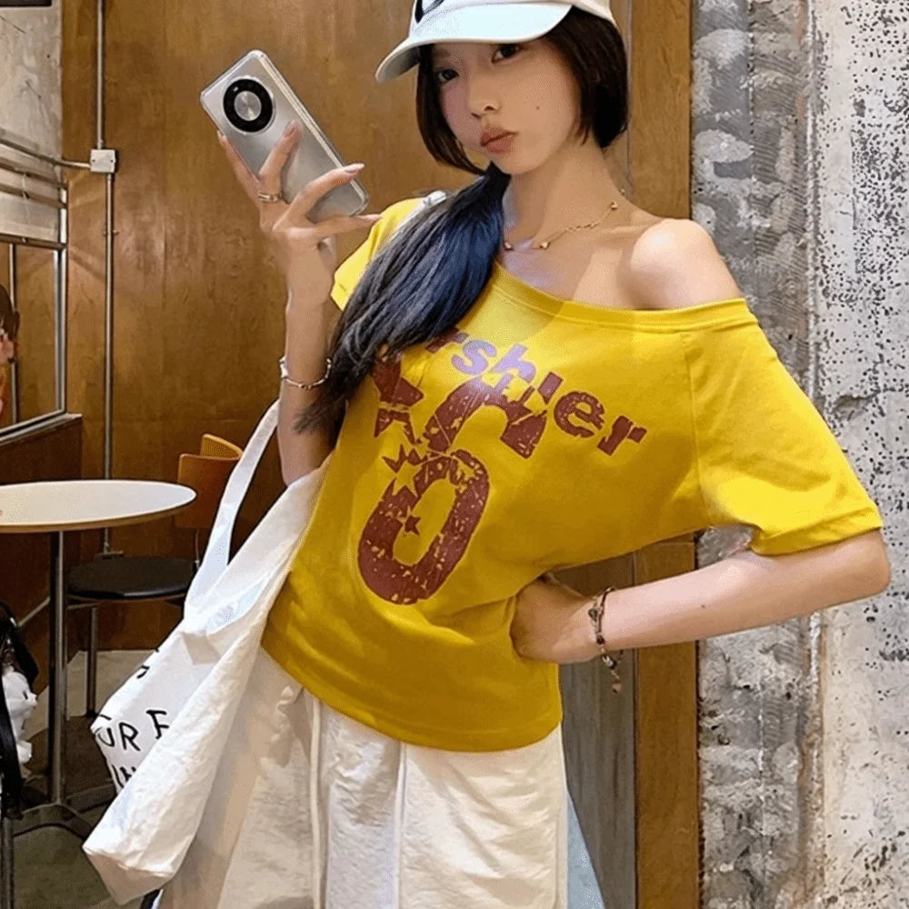 Fashion Y2k Off Shoulder Top Skew Collar Body Basic Crop Top Letter Print Basic Crop Top Vintage Style