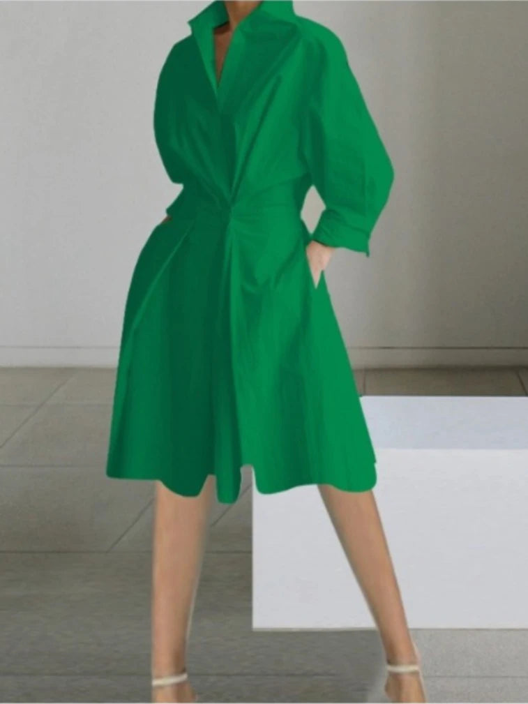 Elegant Ladies Collared V Neck Graphic Print Belt Waist Pocket Shirt Midi Dress Casual Daily Work Outfit