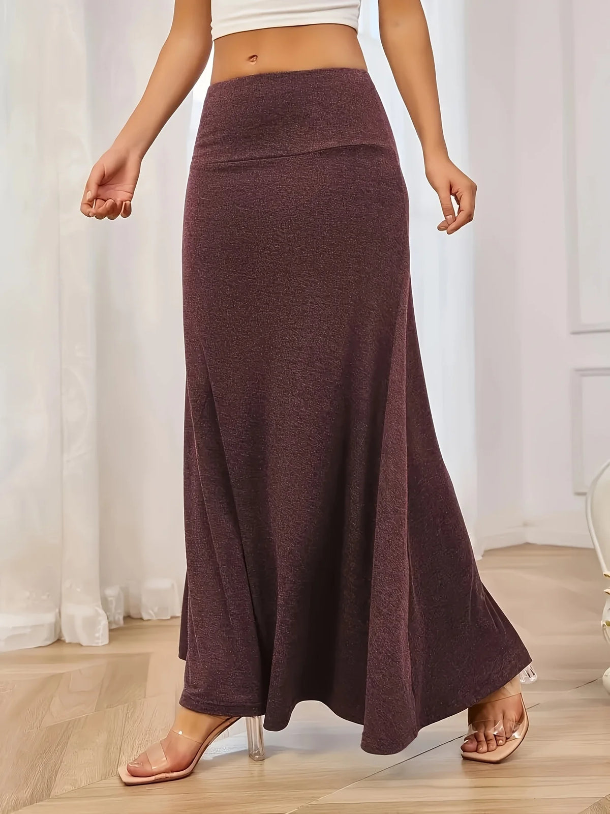 Plus Size Elastic Knitted High Waist Skirt 1XL-5XL Solid Slimming Flared Maxi Skirt Versatile Daily Wear