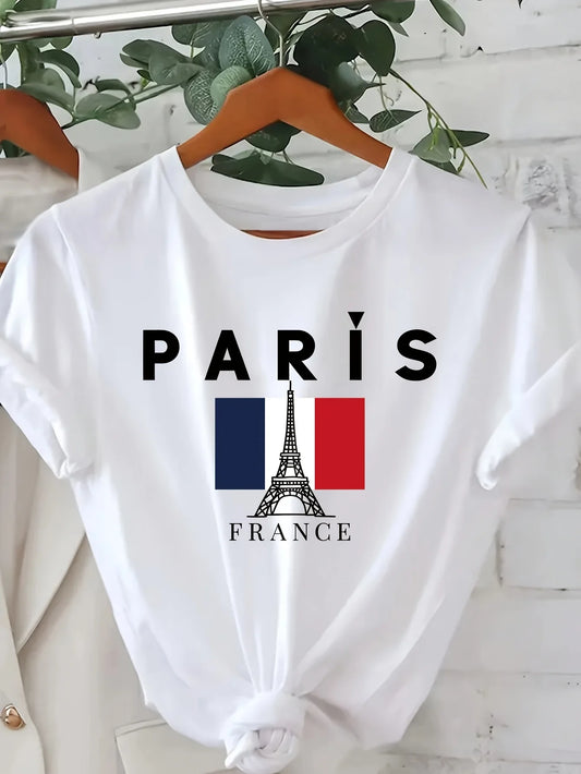 Women's Casual Crew Neck Short Sleeve Paris Letter Print T-Shirt - Soft Breathable Relaxed Fit Stylish Graphic Tee - Perfect