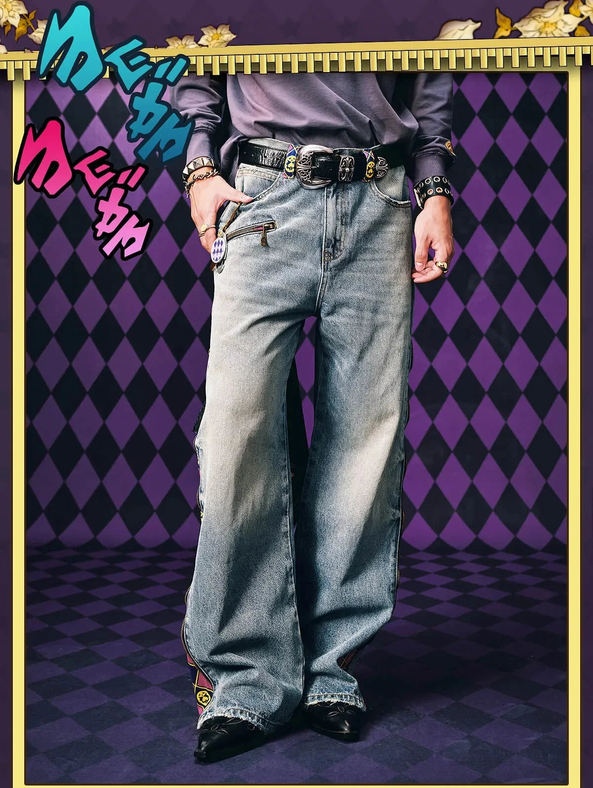 JoJo Anime Zip Off Panel Jeans Men Women High Waist Wide Leg Detachable Print Denim Pants Purple Gold Patchwork Straight Jeans